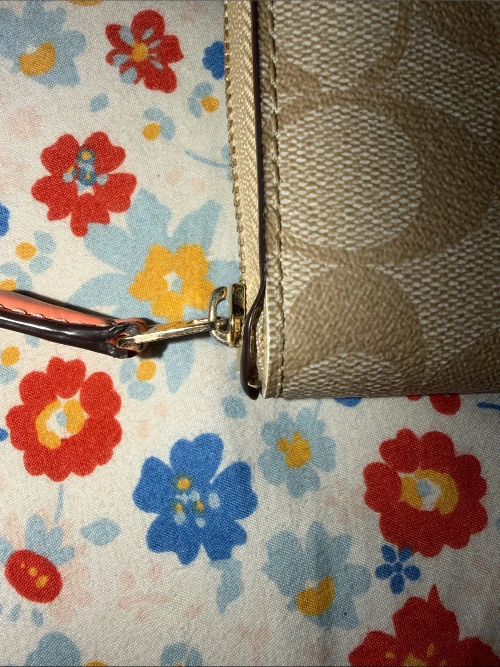 Coach Beige Signature Zip Wallet with Pink Strawberry Accent